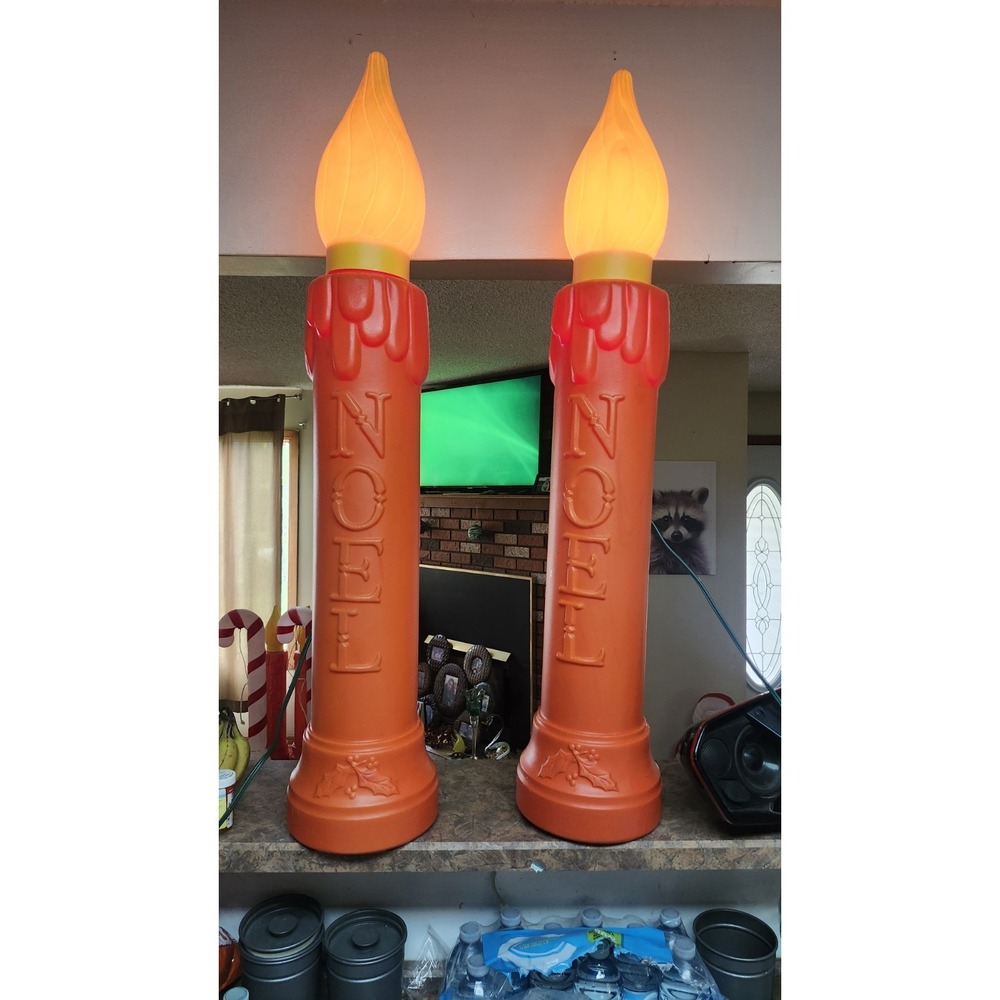 Vtg "NOEL" Pair Of 2 Blow Mold Christmas Candles Poinsettia Base 40"X8" Works